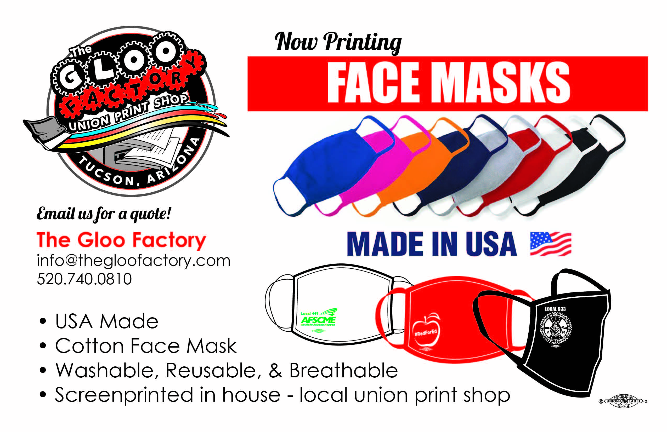 The Gloo Factory Union Print Shop in Tucson, Arizona is now screen printing custom cotton face masks!