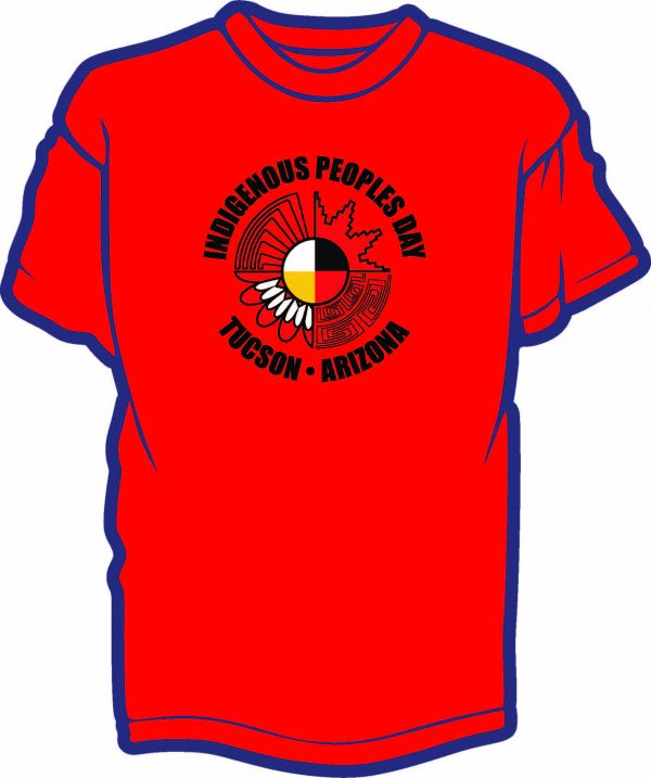 Red shirt with colored text on front and back for Indigenous People's Day 2021