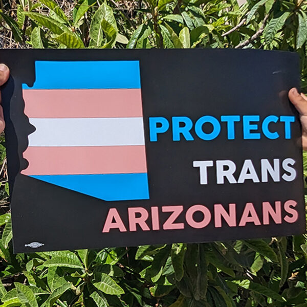 black poster with trans flag inside arizona state outline with text to your right saying protect trrans arizonans