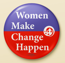 button with purple top half with white text "Women Make" bottom half red with text "Change Happen" and the Arizona List logo on the center right and a union bug at the bottom center.