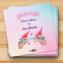 square sticker with blue to pink gradient background. top word says "mamacita" in cursive with the words under "vive libre y sin miedo" in regular text. The image underneath the text is manicured hands holding a chain in both hands while a pink fire sits in the background of the hands. There is a union bug at the bottom.