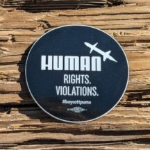 3" round sticker Sticker reads: Human Rights. Violations. #BoycottPuma A union bug sits at the bottom